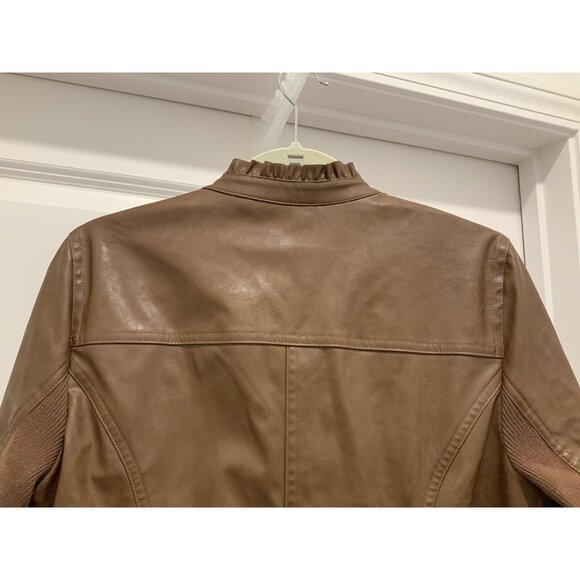 Chicos Jacket Small (1) Brown Vegan Faux Leather Sleeves Ruffle Trim Zip Lined - Picture 6 of 12
